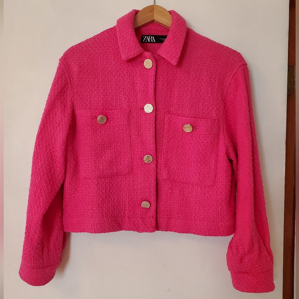 Zara Pink Textured Button Up Jacket